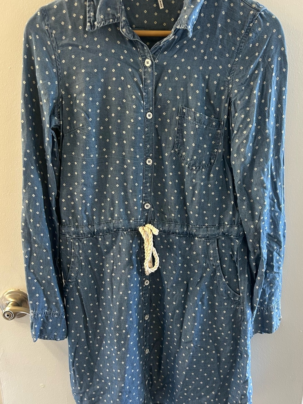 Splendid Blue Chambray Dot Shirt Dress with Rope Tie